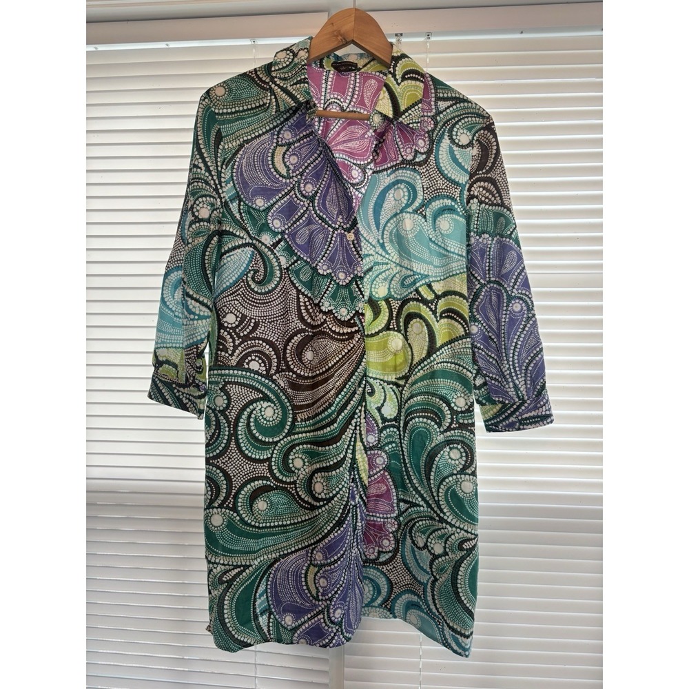 Dana Buchman Abstract Print Button Down Blouse Large 3/4 Sleeve Colorful Artsy